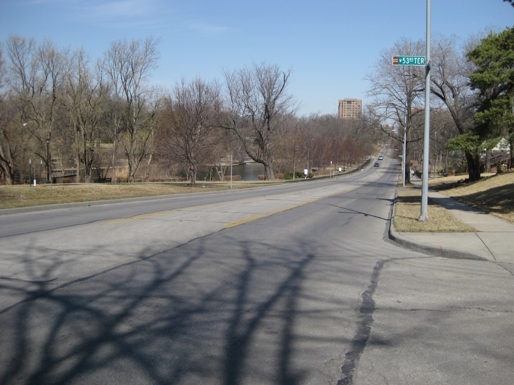 View looking north up Wornall Road toward position of McLain’s Battery